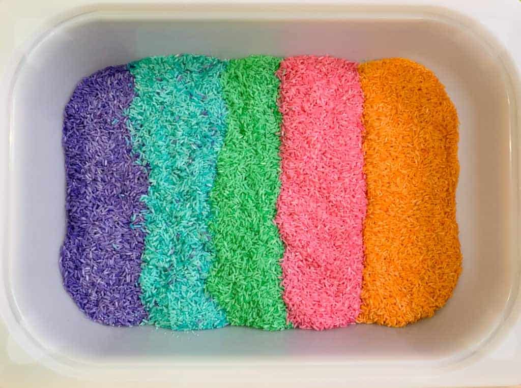 How to make Rainbow Rice Sensory Bin Activity for Toddlers and Preschoolers