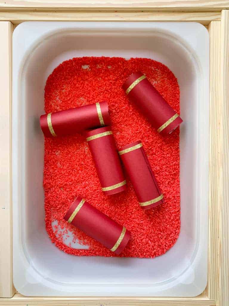 Chinese New Year Firecrackers Sensory Bin for Preschoolers