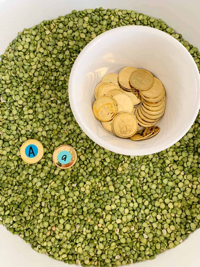 St. Patrick's Day Sensory Bin: Split Peas and Gold Coins