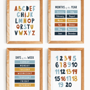 Educational Wall Print, Kids Wall Art, Nursery Wall Decor Printable Set of 4 Prints, Alphabet, Numbers, Days of the Week, Months of the Year